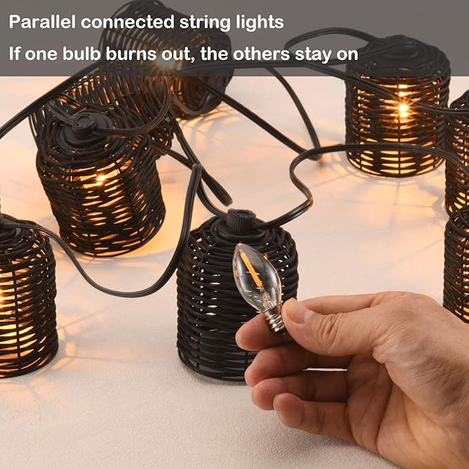 Natural Rattan String Lights, 10 Rustic Raffia Cage, 13 Ft Plug in & Connectable Wicker Lights,Black Rattan