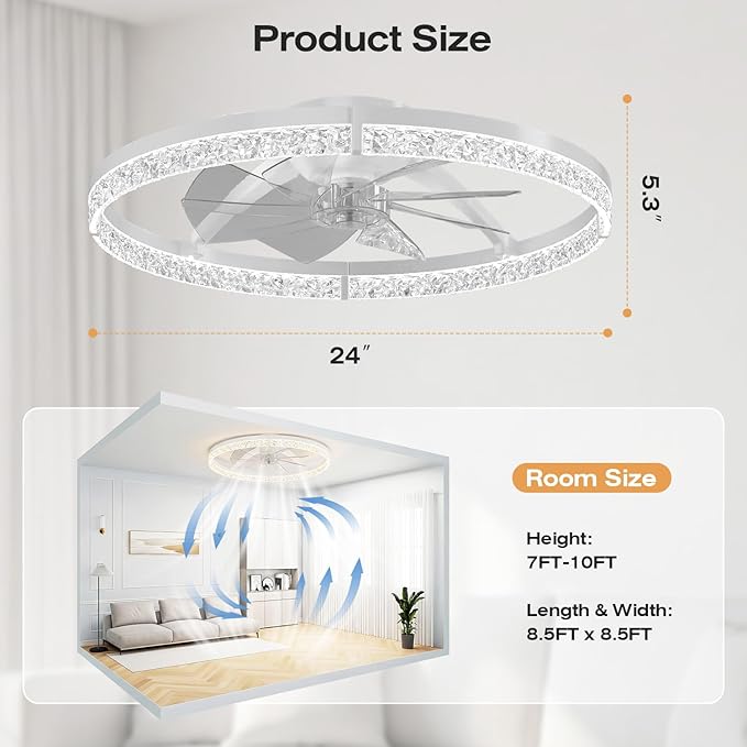 StarryEver Ceiling Fans with Lights and Remote, 24 Inch Modern Smart Ceiling Fan, 6 Speeds and 3000K-6500K Dimmable LED Fan Light, Low Profile Ceiling Fan for Bedroom, Living Room, Dining Room, White