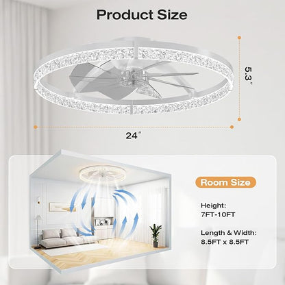 StarryEver Ceiling Fans with Lights and Remote, 24 Inch Modern Smart Ceiling Fan, 6 Speeds and 3000K-6500K Dimmable LED Fan Light, Low Profile Ceiling Fan for Bedroom, Living Room, Dining Room, White