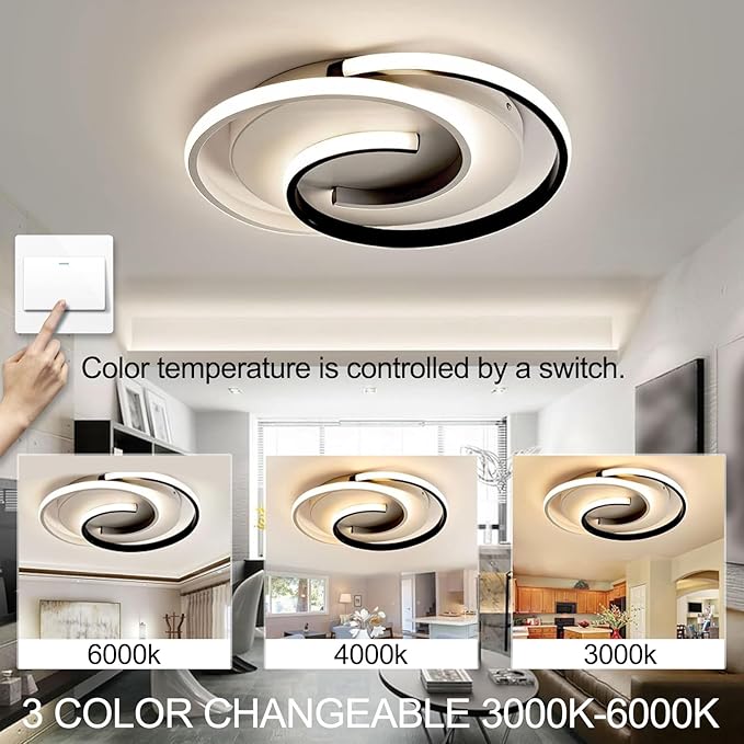 Spiral LED Ceiling Light, 3 Color Changeable 3000K/4000K/6000K, 16 Inch Modern Flush Mount Ceiling Lamp for Bedroom, Living Room, Kitchen, Hallway