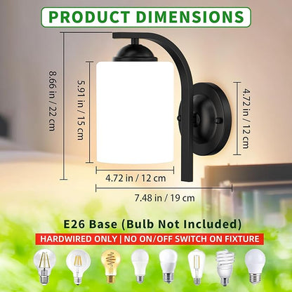Wall Sconces Lights for Bedroom Bathroom, Modern Vanity Light Fixtures, Matte Black Farmhouse Wall Mount Lighting, Hardwired Wall Lights with Glass Shade for Living Room Mirror Hallway