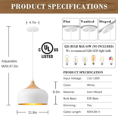 White Pendant Light, 12in Solid Wood Pendant Lights Fixture Adjustable Modern Hanging Lighting, for Kitchen Island Dining Room Sink Bar Office Bedroom