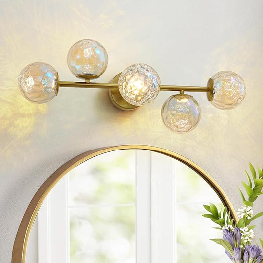 Gold LED Bathroom Vanity Light: 5-Light Stained Hammered Glass Colorful Globes Brass Vanity Lights Fixture over Mirror for Bath Room Makeup - Unique Mid Century Modern Brushed Gold Entryway Wall Light