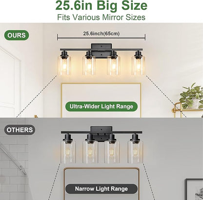 Ascher Bathroom Light Fixtures, 4-Light Vanity Lights with Clear Glass Shade, Modern Black Finish Wall Light for Mirror Bedroom Hallway Cabinet Porch