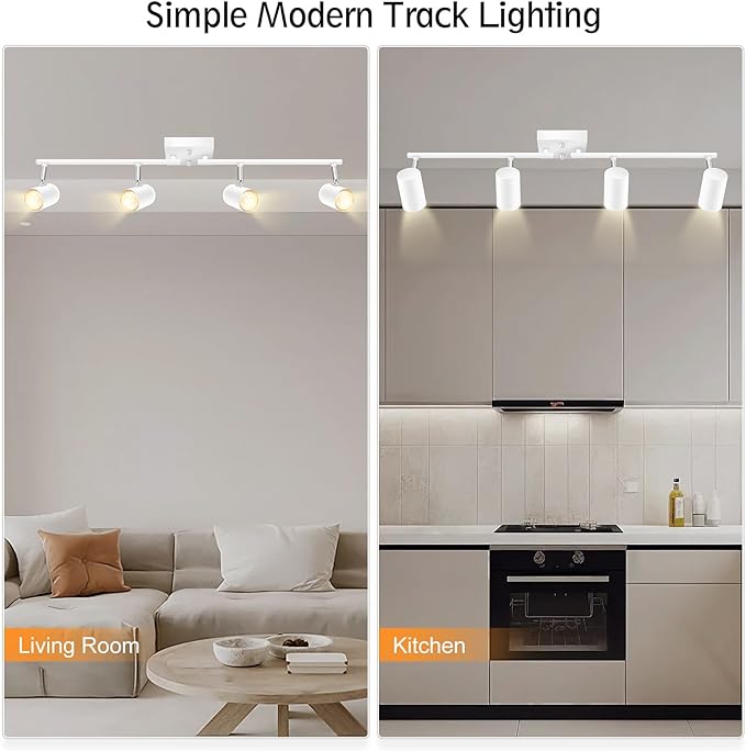 AUQUEE 4 Light Track Lighting Fixtures Ceiling, Matte White Track Lights Ceiling with Flexibly Rotatable Light Heads, Modern LED Track Light kit for Kitchen/Hallway, GU10 Bulb Not Included
