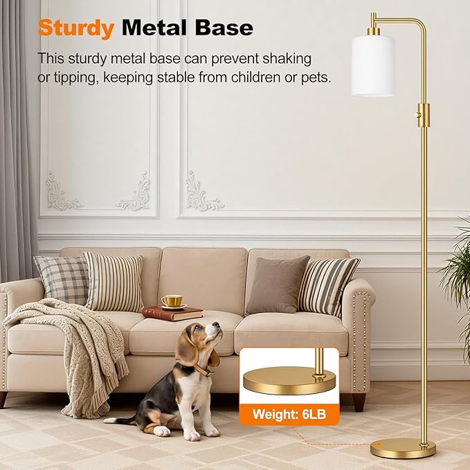 【Upgraded】Dimmable Floor Lamps for Living Room with Frosted White Glass Shade, Modern Industrial Floor Lamp with 900LM Bulb Included, Standing Tall Lamp for Bedroom, Office, Reading Room, Corner, Gold