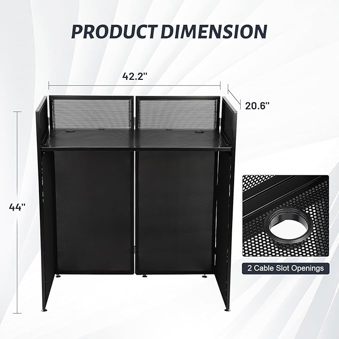Portable DJ Booth Table Station 44"x42.2"x20.6", Foldable Metal Frame DJ Facade with Black & White Scrims, Detachable 40"x20" DJ Table, Adjustable Height, Carry Bag for Show, Party, Wedding, Events