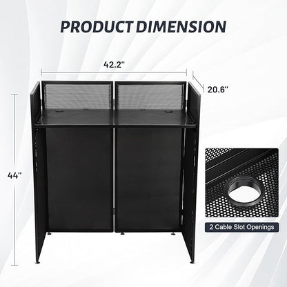 Portable DJ Booth Table Station 44"x42.2"x20.6", Foldable Metal Frame DJ Facade with Black & White Scrims, Detachable 40"x20" DJ Table, Adjustable Height, Carry Bag for Show, Party, Wedding, Events