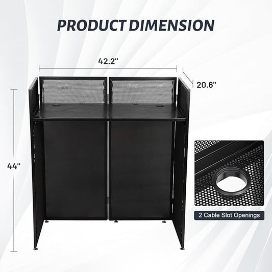 Portable DJ Booth Table Station 44"x42.2"x20.6", Foldable Metal Frame DJ Facade with Black & White Scrims, Detachable 40"x20" DJ Table, Adjustable Height, Carry Bag for Show, Party, Wedding, Events
