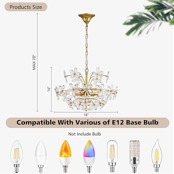 6-Light Gold Flower Crystal Chandelier 18'' Hanging Light Fixture with Height Adjustable Chain Farmhouse Chandelier for Dining Room, Living Room, Kitchen, Bedroom, Entryway, E12 Base (AJ9011)