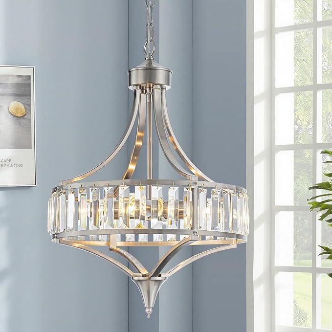 Brushed Nickel Bathroom Chandeliers for Dining Room,15.7" Modern Round Crystal Chandelier Over Tub,4-Light Unique Pendant Light Fixtures for Entryway Foyer Living Room Bedroom Kitchen Island