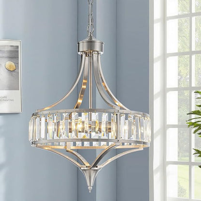 Brushed Nickel Bathroom Chandeliers for Dining Room,15.7" Modern Round Crystal Chandelier Over Tub,4-Light Unique Pendant Light Fixtures for Entryway Foyer Living Room Bedroom Kitchen Island