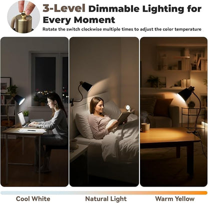 Desk lamp Eye-Caring Table Lamps, 360°Rotation Gooseneck Clip on Lamp Reading Light, Portable Reading Book Light, Clamp Light, Study Desk Lamps for Bedroom and Office Home Lighting (Black and Gold)