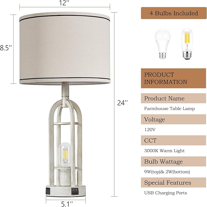 SRJJA Farmhouse Table Lamps for Living Room Set of 2 - Rustic Industrial Lamps for Night Stands with Night Light & USB A+C, 24" Vintage Bedside Lamp for Bedroom, Bulbs Included