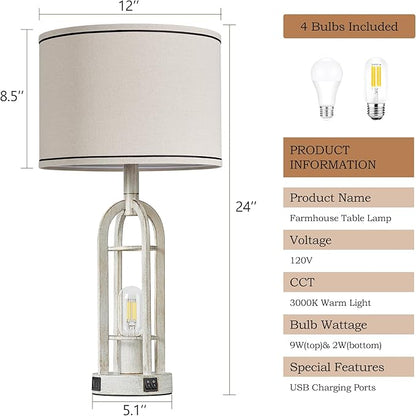 SRJJA Farmhouse Table Lamps for Living Room Set of 2 - Rustic Industrial Lamps for Night Stands with Night Light & USB A+C, 24" Vintage Bedside Lamp for Bedroom, Bulbs Included