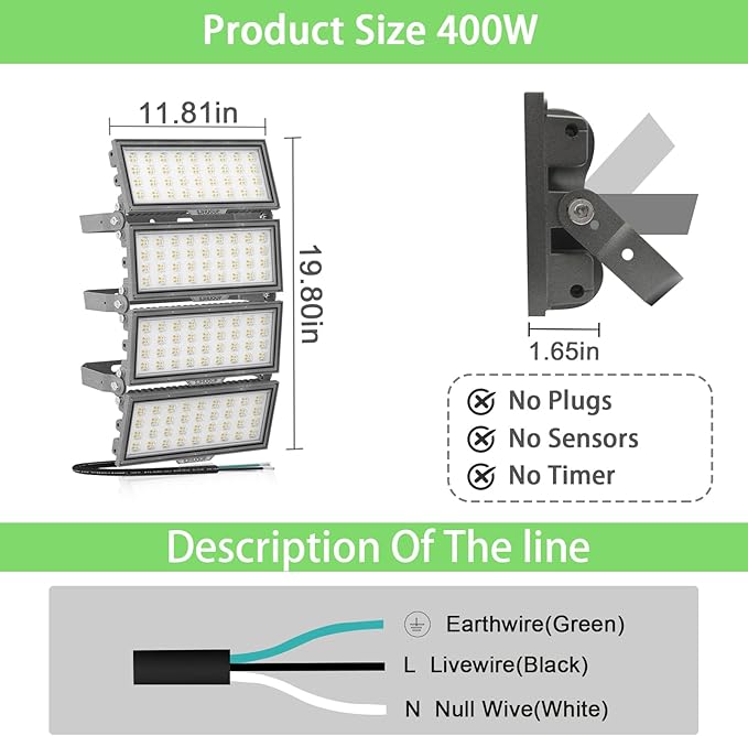400W LED Stadium Lights,52000Lumen 6500K Super Bright LED Flood Light Outdoor,Surge 6KV IP67 Waterproof Adjustable Lighting Angle for Stadium,Arena
