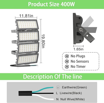400W LED Stadium Lights,52000Lumen 6500K Super Bright LED Flood Light Outdoor,Surge 6KV IP67 Waterproof Adjustable Lighting Angle for Stadium,Arena