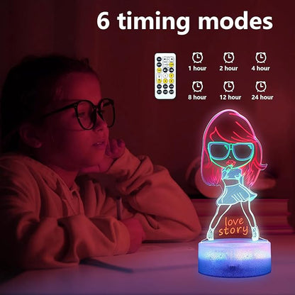 Girls Gifts, Singing Girl Birthday Gift, Cool 3D Night Light for Music Fans Merch, Table Lamp for Music Party Supplies, Decoration for Room, Night Light with Multi-Colors Change and Timing