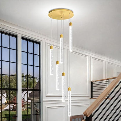 6-Light Modern Gold Crystal Chandelier for Spiral Staircase High Ceiling Chandeliers Bubble Crystal Chandelier Lighting Cluster Hanging Light Fixture for Living Room Foyer