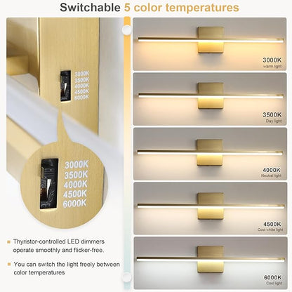 Modern Bathroom Vanity Light 24 Inch, 18W Brushed Gold Bathroom Light Fixture Over Mirror, Dimmable 5CCT LED Wall Sconce Lighting for Restro