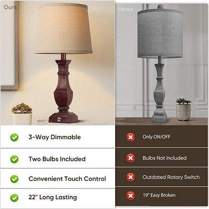 ROTTOGOON Dimmable Table Lamps Set of 2, Rustic Farmhouse Table Lamps for Living Room Bedroom, Bedside Desk Lamps for end Tables, Touch Lamps for nightstand, 9W Bulbs Included, 22", Antique Red