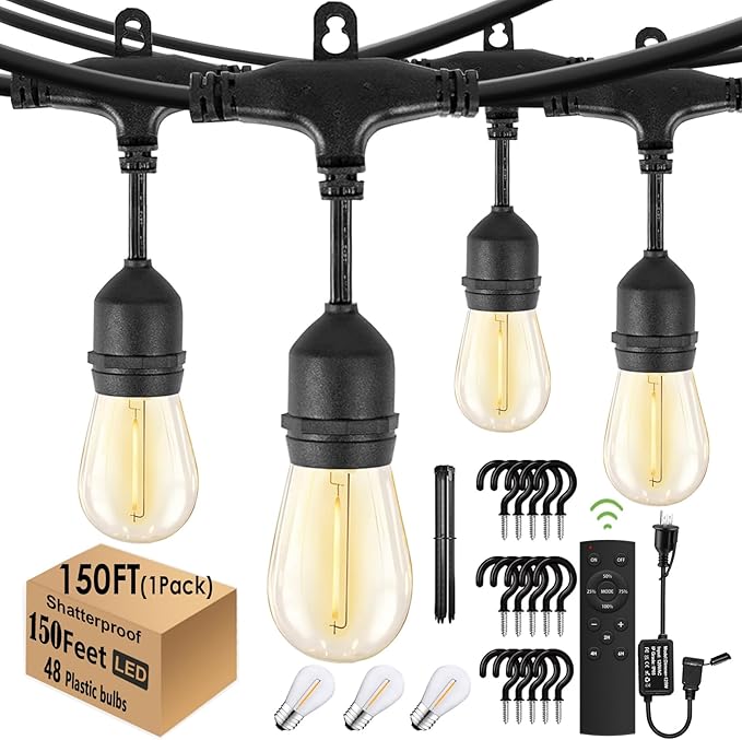 1-Pack 150 ft Outdoor String Lights with Remote Patio Lights Weatherproof, 45+3 Spare S14 Shatterproof Warm 2200K Bulbs, 3 Lighting Modes&Dimmable&Timer