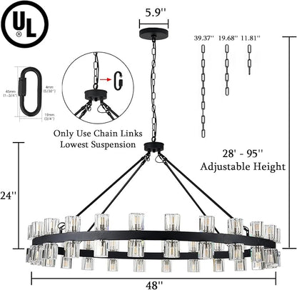 48 Inch Black Wagon Wheel Chandelier with Crystal Shade, 48 Lights, Modern Farmhouse Style, Ideal for Dining Room, Kitchen, Entryways
