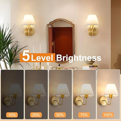 ADISUN Battery Operated Wall Sconce Set of 2, Gold Wall Lamps Rechargeable Bulbs for Living Room, White Rattan Shade, Wireless Wall Lights for Bedroom Living Room Hallway Kitchen(2 Bulbs Included)