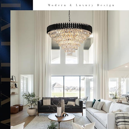 Modern Black and Gold Crystal Chandeliers 35'' Large Chandeliers for High Ceiling 7-Tier 22-Light K9 Crystal Luxury Round Crystal Chandelier Light Fixture for Staircase Living Room Foyer Lobby