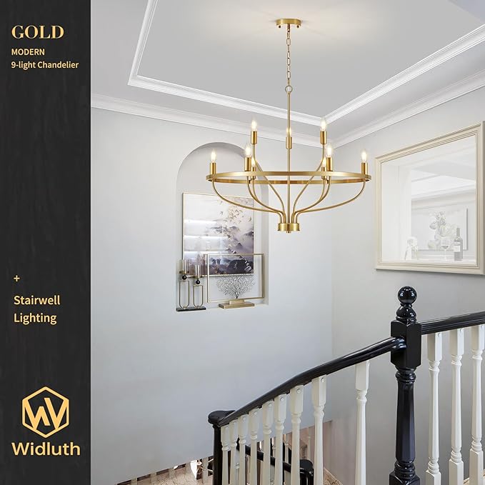 30" Modern Gold Chandelier Light Fixture Vintage 9-Lights Mid Century Modern Candle Style Chandeliers Rustic Industrial Golden Chandelier for Dining Room, Kitchen Island, Living Room, E12