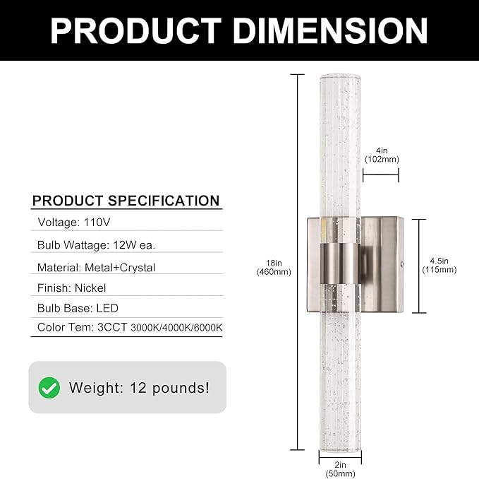 DORESshop Modern Wall Sconces Set of Two, 3CCT Crystal Bathroom Sconces Wall Light, Brushed Nickel Vanity Light Fixture, Sconce Wall Decor Set of 2, Wall Lights for Bedroom, Living Room, Hallway 18in
