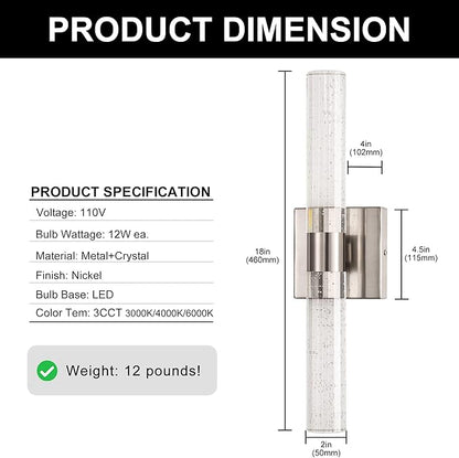 DORESshop Modern Wall Sconces Set of Two, 3CCT Crystal Bathroom Sconces Wall Light, Brushed Nickel Vanity Light Fixture, Sconce Wall Decor Set of 2, Wall Lights for Bedroom, Living Room, Hallway 18in