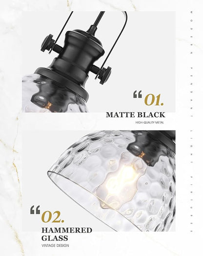 2-Pack Pendant Lights Kitchen Island, 7.5" Farmhouse Black Pendant Lighting with Hammered Glass Shade, Vintage Hanging Light Fixtures for Dining Room Entryway, AD-22151-1P2-BK-H