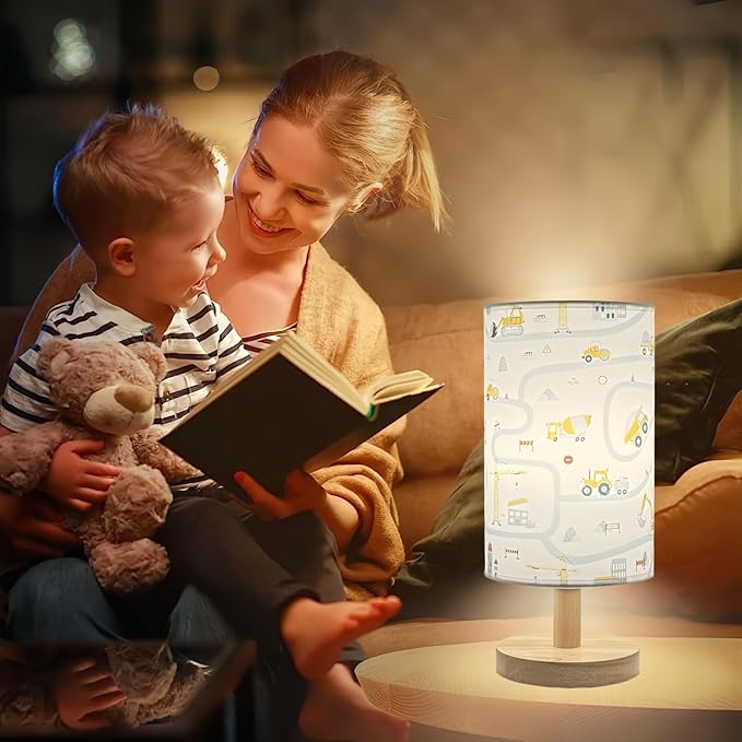Kids Desk Lamp for Bedroom Boy,Reading Car Lamp,3-Way Dimmable with Cartoon Pattern Printed Shade and Wood Base,for Kids Room,Nursery or Living Room Decor,Car Gift for Christmas Boys