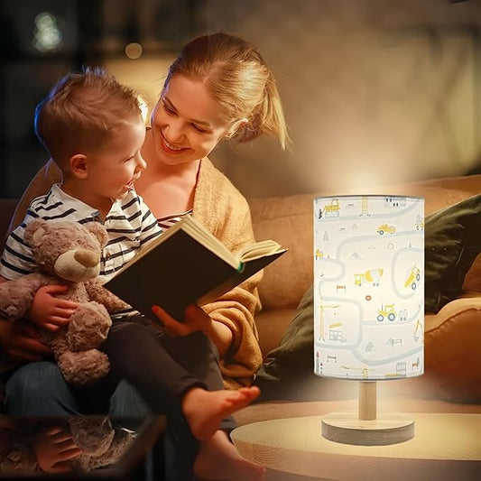 Kids Desk Lamp for Bedroom Boy,Reading Car Lamp,3-Way Dimmable with Cartoon Pattern Printed Shade and Wood Base,for Kids Room,Nursery or Living Room Decor,Car Gift for Christmas Boys