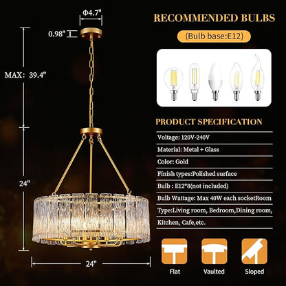24" Modern Gold Crystal Chandelier Luxury 8-Light Round Drum Glass Chandelier Elegant Large Ceiling Light Fixture for Living Room, Dining Room, Bedroom, Foyer