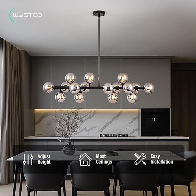 16-Light Globe Sputnik Chandelier, Mid Century Modern Light Fixture Over Table, Black Linear Chandeliers for Dining Room and Kitchen Island (Smoke Grey Glass Bubble Shades, 40 Inch)