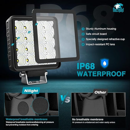 Nilight LED Light Pods 2 PCS 4 Inch 16LED Super Slim Flood Beam Square Driving Work Offroad Side Ditch Lights Built-in EMC for Tractor Truck Motorbike Boat ATV