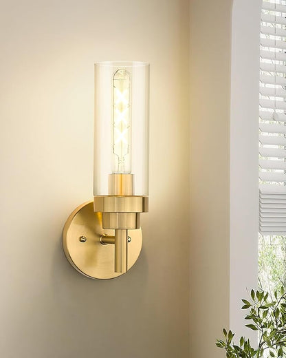 Emak Brushed Gold Sconces Wall Decor Set of 2, Modern Bathroom Light Fixtures Wall Sconce with Clear Glass Shade for Bathroom, Bedroom, Living Room, Hallway, WS085-BGD-2PK