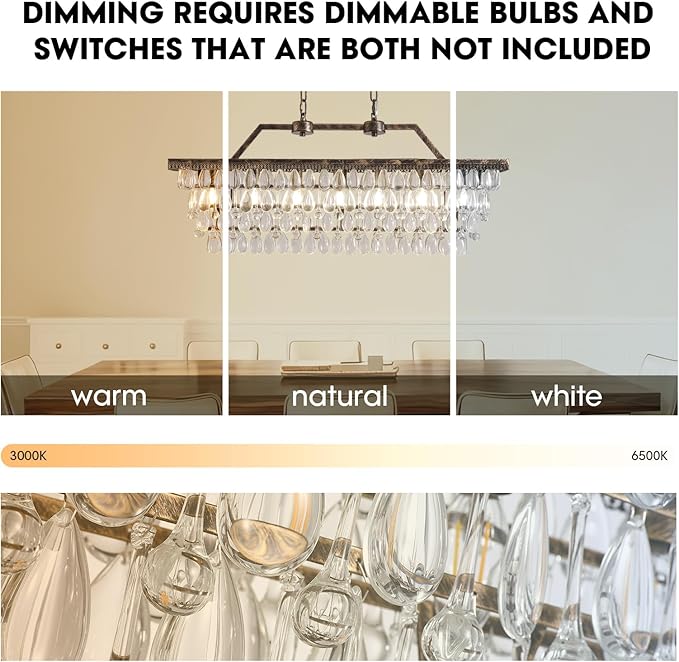 7PM Crystal Chandelier for Dining Room, 35 Inch Antique Bronze Chandelier, 7 Lights Rectangle Chandelier, Farmhouse Kitchen Island Lighting Hanging Light Fixture for Living Room, Entryway