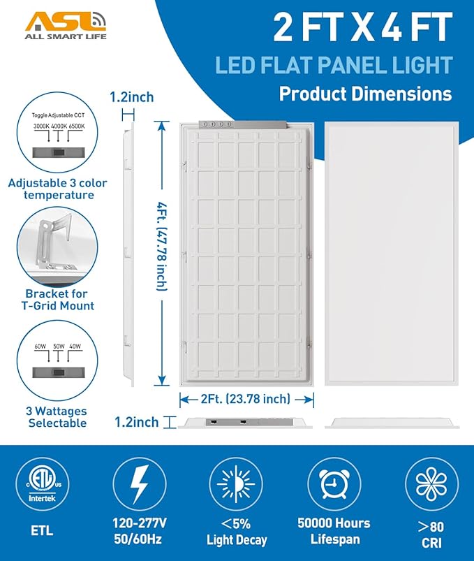 2x4 LED Flat Panel Lights for Drop Ceiling 6-Pack, 7200Lumens 0-10V Dimmable, 3CCT 3000K-4000K-6500K, 24InchX48Inch Back-Lit Recessed Troffer Light Fixtures for Shop Commercial Office, 120-277V ETL