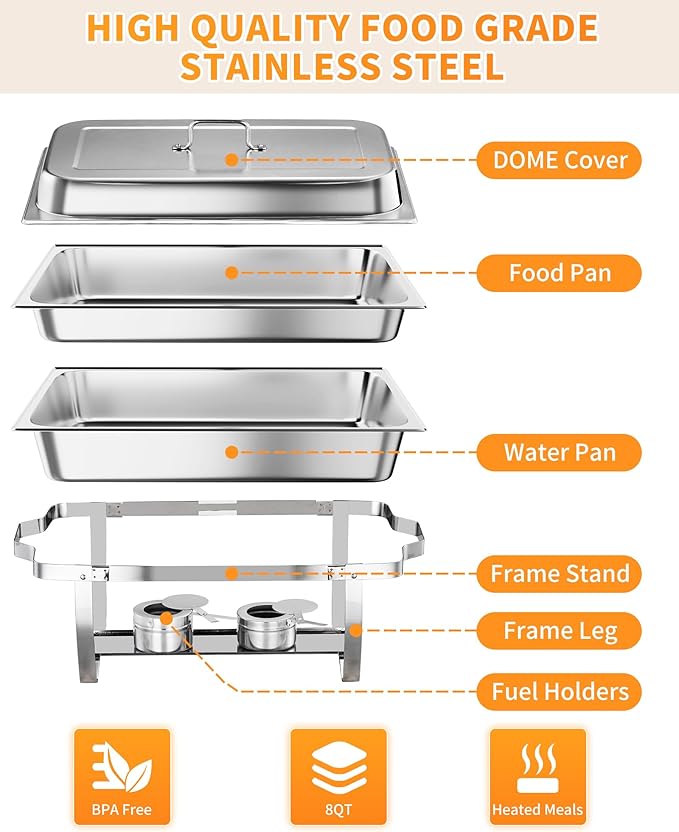 6 Pack Chafing Dishes for Buffet, Stainless Steel Catering Chafer with Lids, Pans & Fuel Holder, 8QT Food Warmers for Parties Buffet, Buffet Servers and Warmers for Parties, Events, Weddings,Silver