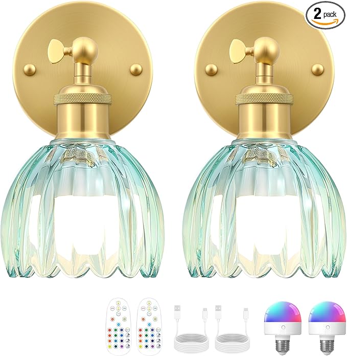 Vintage Battery Operated Wall Sconce, Sky Blue Tulip Glass Lampshade Wireless Rechargeable Battery Powered LED Wall Light with Remote Dimmable for Bedside Bedroom Doorway Living Room, Set of 2