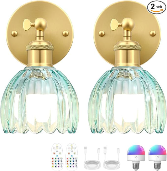Vintage Battery Operated Wall Sconce, Sky Blue Tulip Glass Lampshade Wireless Rechargeable Battery Powered LED Wall Light with Remote Dimmable for Bedside Bedroom Doorway Living Room, Set of 2