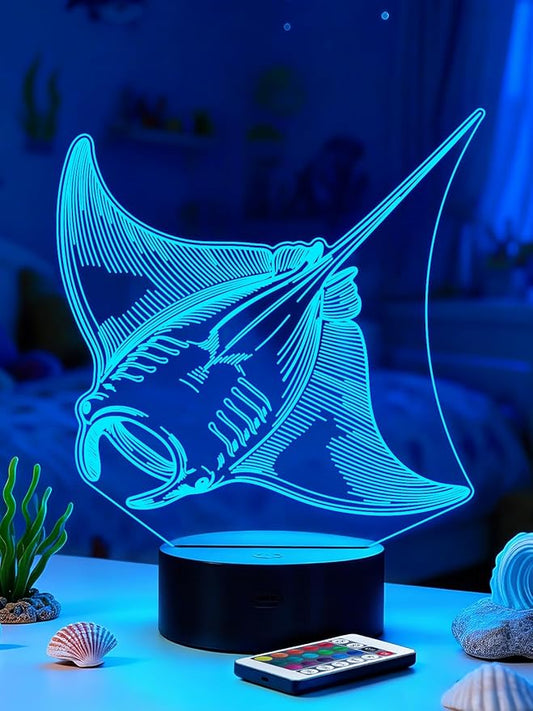Lampeez Manta Ray 3D Night Light for Kids, LED 16 Colors Remote Control Changing Touch Dimmable Table Desk Lamp, Cute Animal Gifts for Manta Ray Lovers Animal Fans