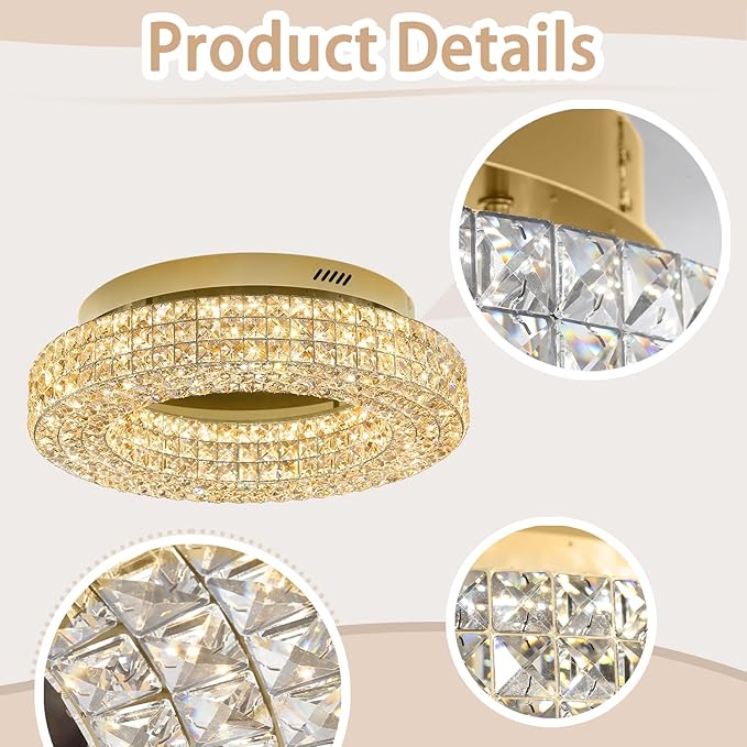 ykolupty 24" Crystal Chandeliers,Round Chandelier for Living Room Modern Ceiling Light Fixture Lamp for Foyer Bedrooms Dining Room Hallway(Gold Chandelier)