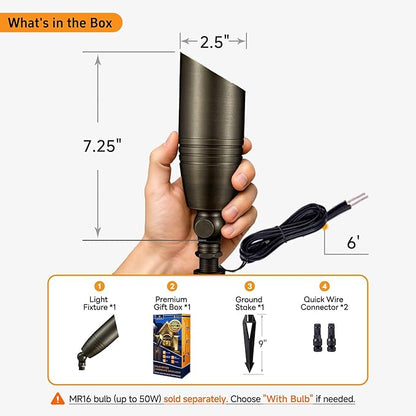 Gardenreet Landscape Spotlights Low Voltage - Brass 12V Outdoor Uplight LED, Wired Spot Lights IP65 Waterproof, Adjustable Focus Bronze for Exterior Garden Yard Tree House Without MR16 Bulb