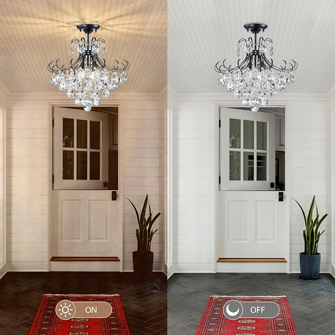 18'' Crystal Chandelier Light Fixture, Modern Semi Flush Ceiling Light for Dining Living Room Bedroom Kitchen Entryway Hallway, 4 Lights Black Ceiling Lamp