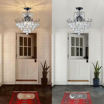 18'' Crystal Chandelier Light Fixture, Modern Semi Flush Ceiling Light for Dining Living Room Bedroom Kitchen Entryway Hallway, 4 Lights Black Ceiling Lamp