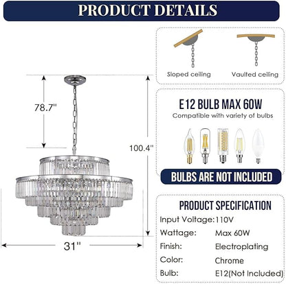 Crystal Chandelier Chrome Modern Luxury Pendant 7-Tier 31" Ceiling Lights Fixture for Dining Room, Living Room, Foyer